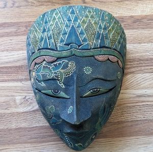 Painted and carved handmade Indonesia batik wood mask wall art